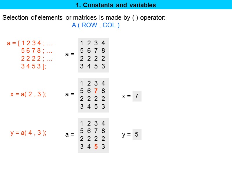 1. Constants and variables Selection of elements or matrices is made by ( )